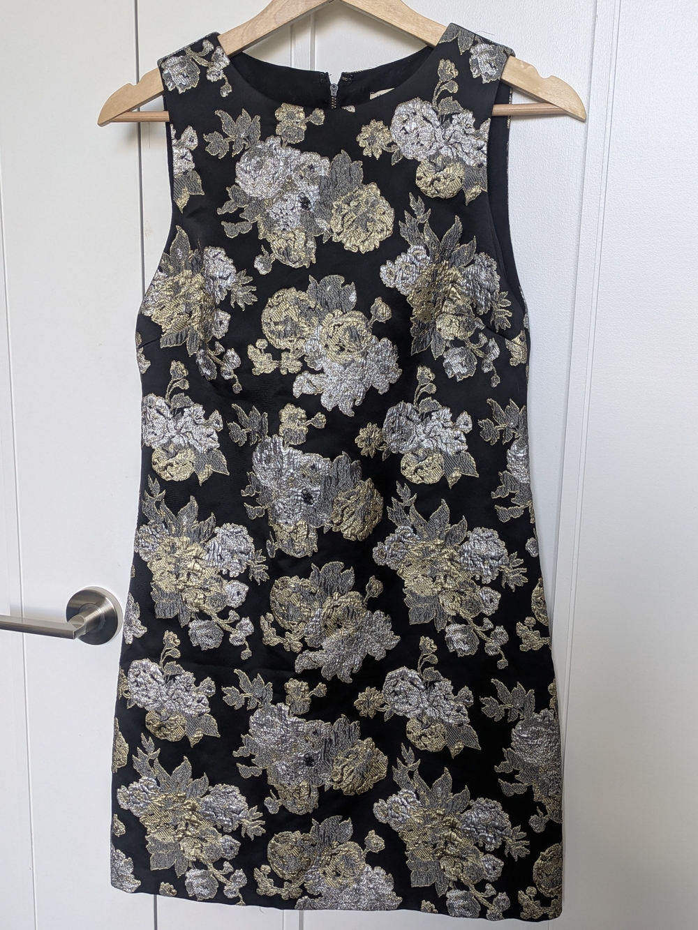 Alice + Olivia Black Mini Dress with Gold and Silver Floral Jacquard